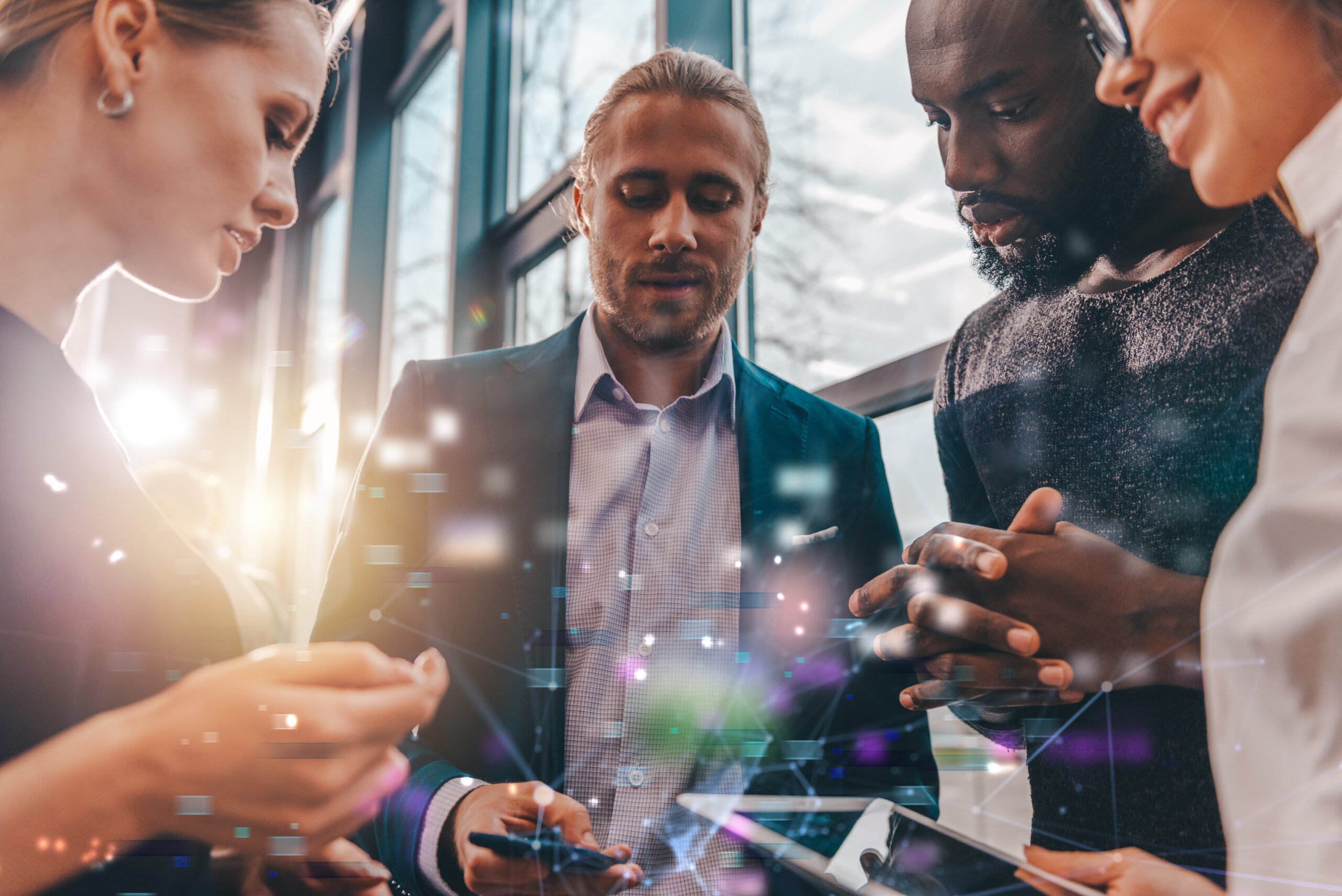 Business people watche something in internet streming with tablet and smartphone